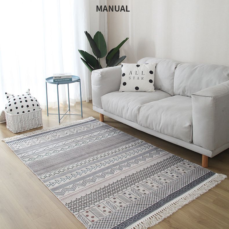 White Tone Moroccan Area Rug Cotton Tribal Print Rug Easy Care Indoor Rug for Living Room