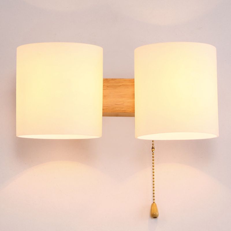Lámpara de pared de madera de madera de pared cilíndrica moderna de pared con sombra de vidrio blanco