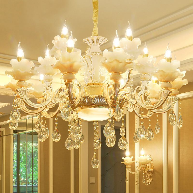 Gold Floral Ruffle Ceiling Lighting Traditional Jade Living Room Chandelier Light with Crystal Draping