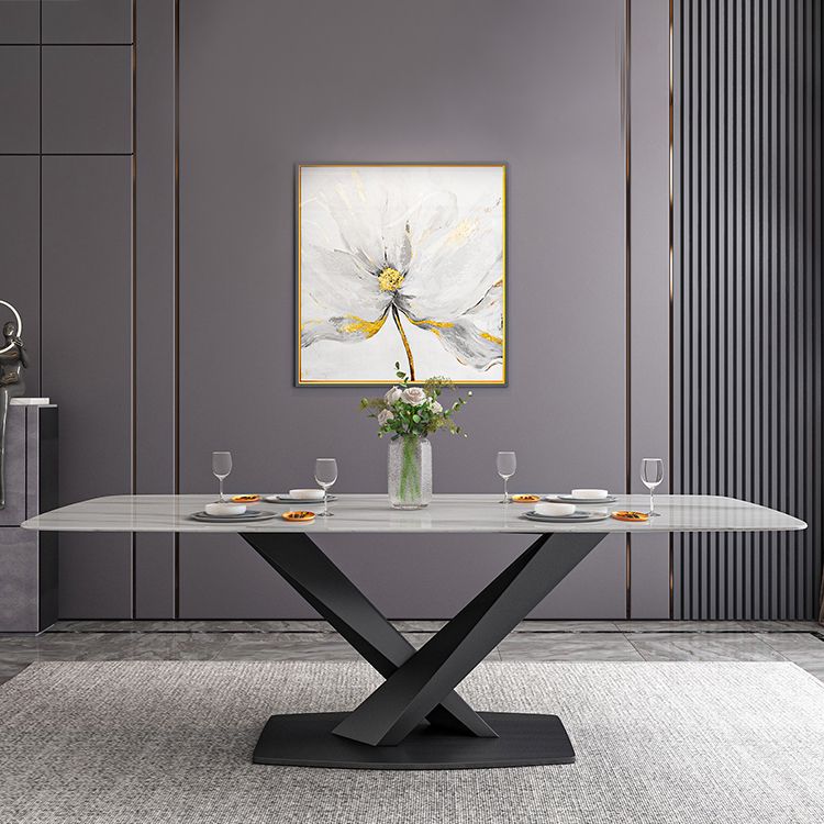 Traditional Luxury Rectangle Dining Table White Sintered Stone Table with Black Pedestal Base