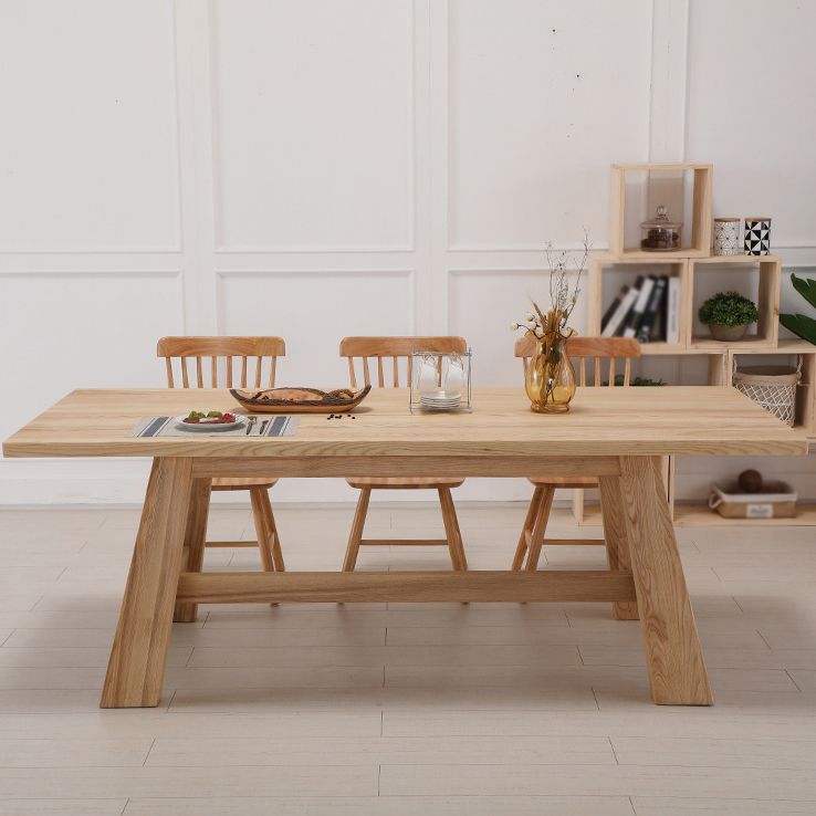 Rectangle Pine Wood Dining Table Modern Table in Nature with Wooden Trestle Base