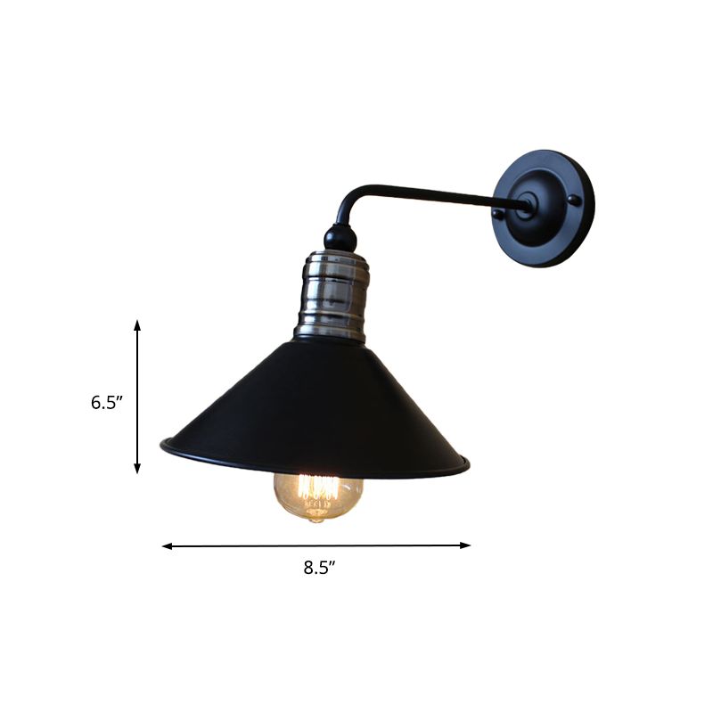 Iluminación de pared cónica metálica estilo vintage 1 luz de pared de la pared del dormitorio con brazo curvo en negro