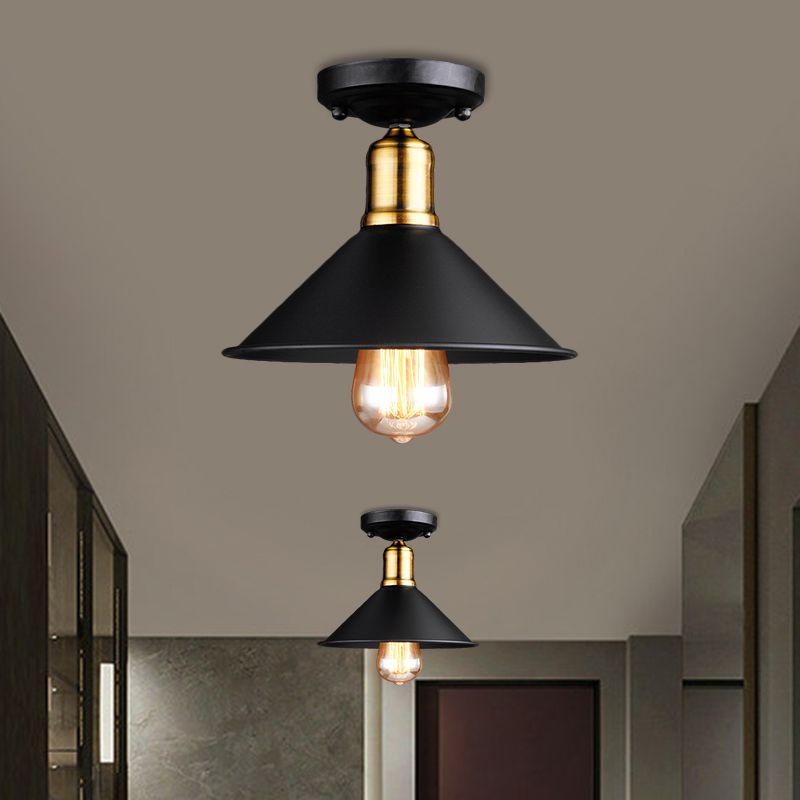 1 Light Conic Semi-Flush Mount Light Vintage Stylish Black/White Metallic Close to Ceiling Lighting