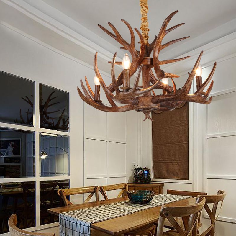 Forme de bougie traditionnelle lampe suspendue 4/6/9 Bulbes lustre de lustre en résine avec bois au café