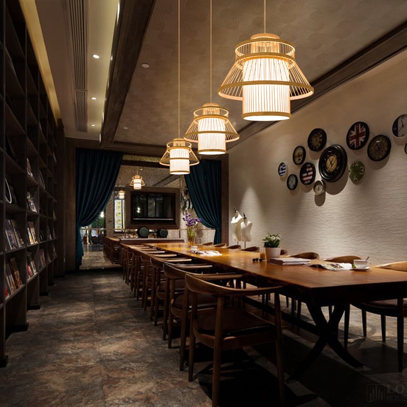 Tiered Suspension Lighting Minimalist Bamboo 1 Head Restaurant Pendant Ceiling Light in Wood