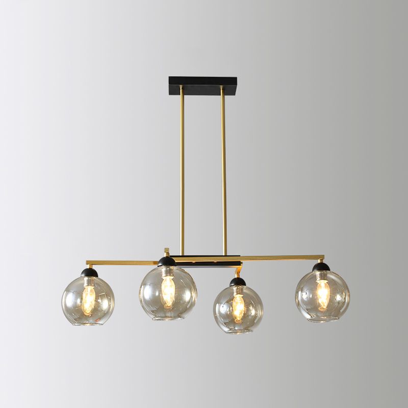Linear Dining Room Down Lighting Metal 4-Light Simple Chandelier in Brass with Globe Clear Glass Shade