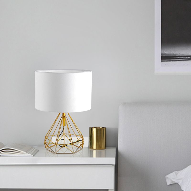 Diamond Cage Base Bedside Table Lamp Metallic 1 Head Minimalist Nightstand Lamp with Drum Fabric Shade