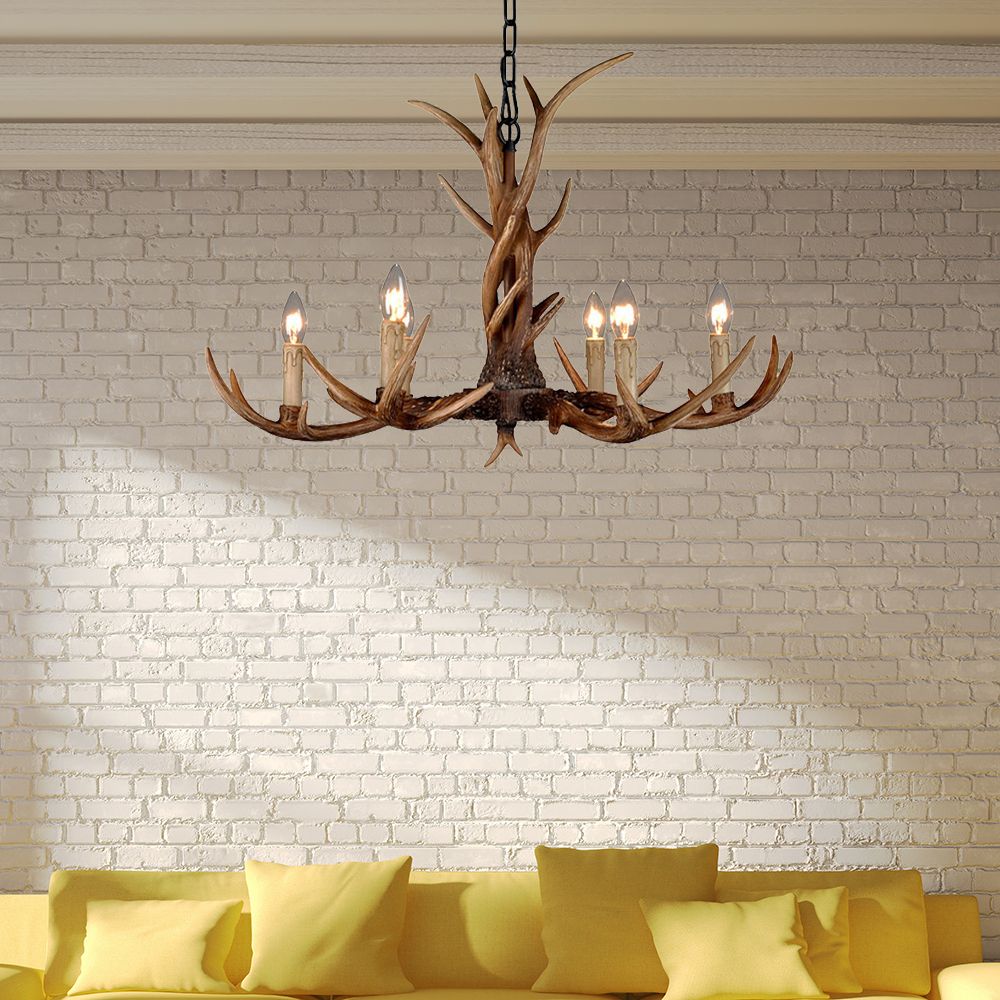 Countryside Faux Antler Hanging Pendant 6/8/10 Lights Resin Ceiling Chandelier in Brown for Living Room