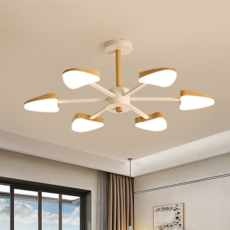 Burst LED Semi Flush Mount Nordic Wood 6 Heads White Ceiling Mount Chandelier with Triangle Shade