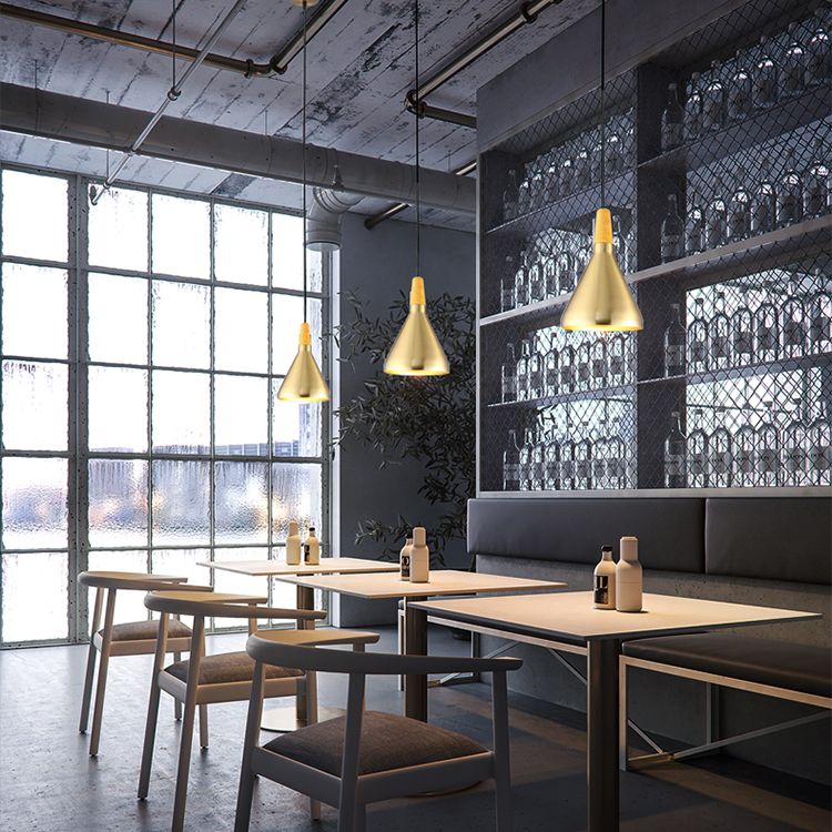 Gold Wood Capped Ceiling Pendant Light Minimalist Style Metal Hanging Light Fixture