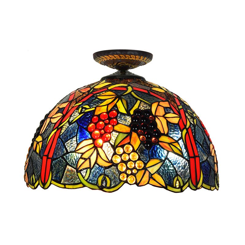 12"/16.5" W Victorian Domed Flush Ceiling Light 1 Light Stained Glass Lighting Fixture in Brass with Grape Pattern