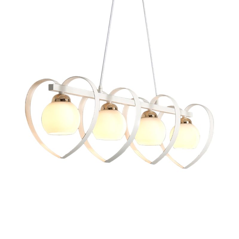 Opal Glass Global Island Lighting Contemporary 3/4 Lights White/Black Hanging Ceiling Lamp with Loving Heart Frame