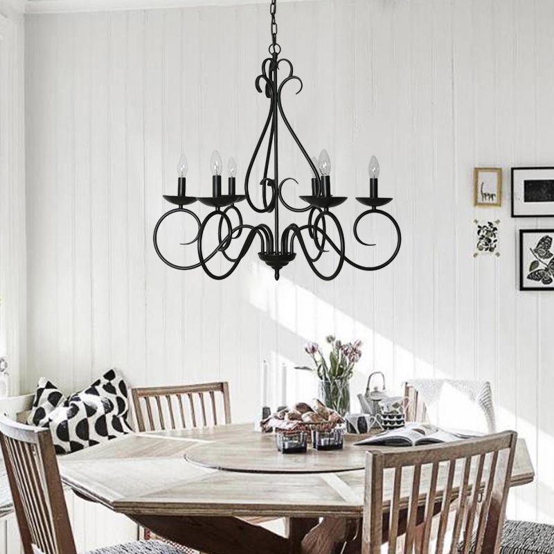 6 Lights Swirled Arm Chandelier Light Kit Traditional Black Metal Suspension Light for Dining Room