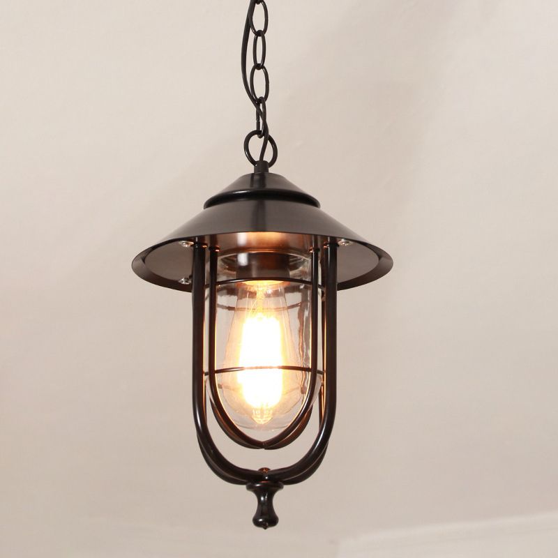 Traditional Cone Ceiling Light Single-Bulb Iron Hanging Pendant Light with Bell Clear Glass Shade for Garden