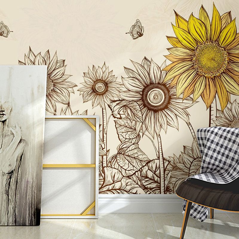 Sunflower Wall Art in Yellow, Nostalgic Countryside Mural Wallpaper for Home Decor