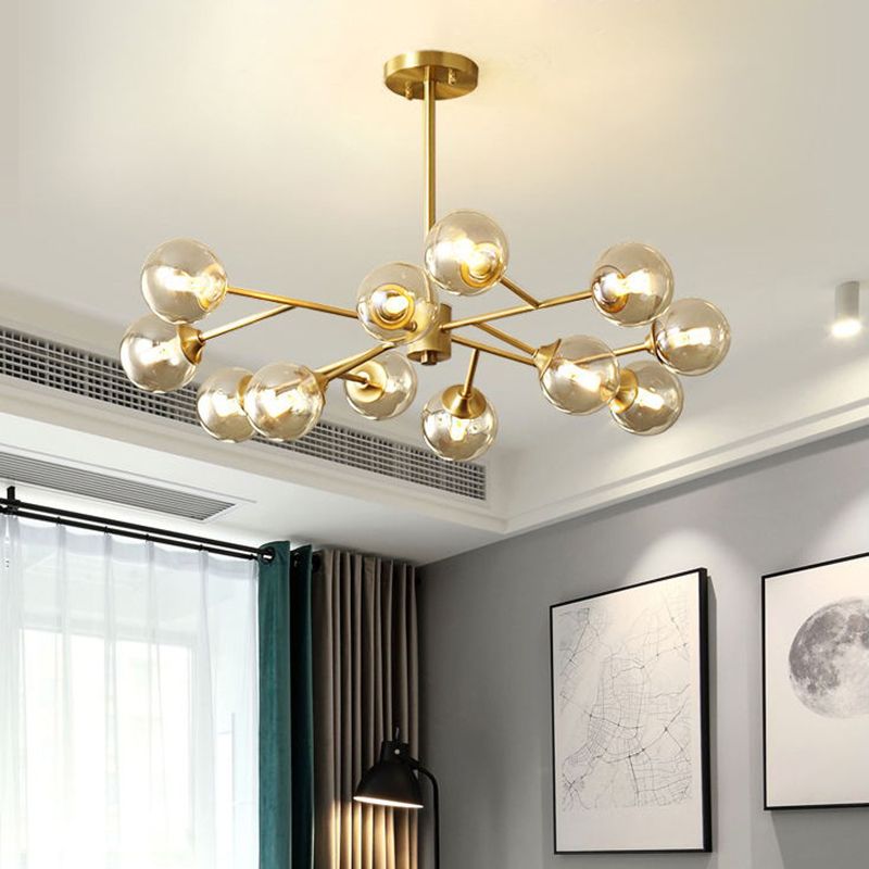 Post-Modern Metal Hanging Chandelier Light Amber Glass Shade Ceiling Chandelier in Gold  for Bedroom