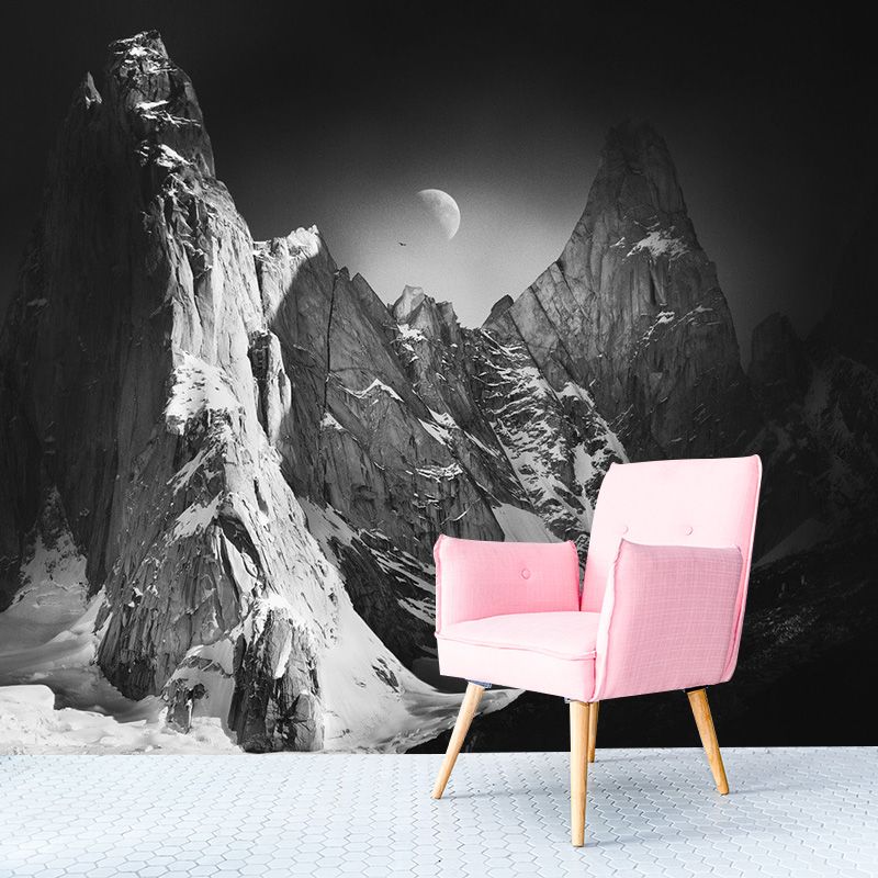 Moon Above Snow Mountain Mural Black-Grey-White Contemporary Wall Art for Living Room