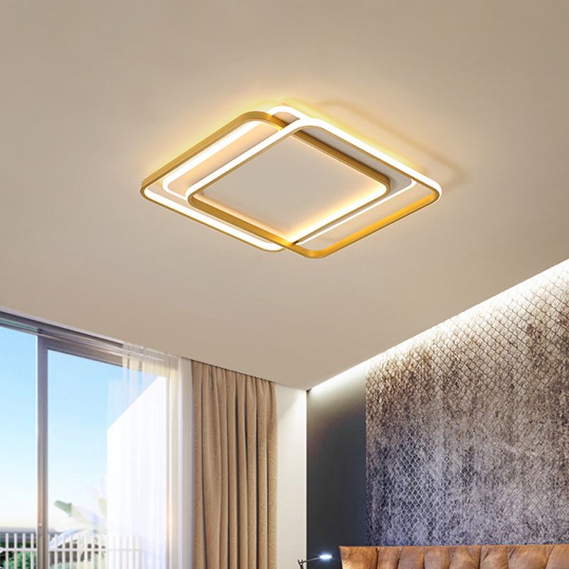 Double Square/Rectangle Parlor Ceiling Lamp Metal Minimalist LED Flush Mount Light in Gold, Warm/White Light
