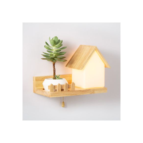 Beige piccola casa da parete 1 luce leggera adorabile luce di legno con scaffale per la camera da letto dei bambini