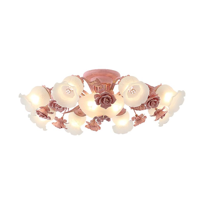 Rose Blossom Bedroom Flush Chandelier Pastoral Frosted Glass 7/11-Head Pink Ceiling Mount Light