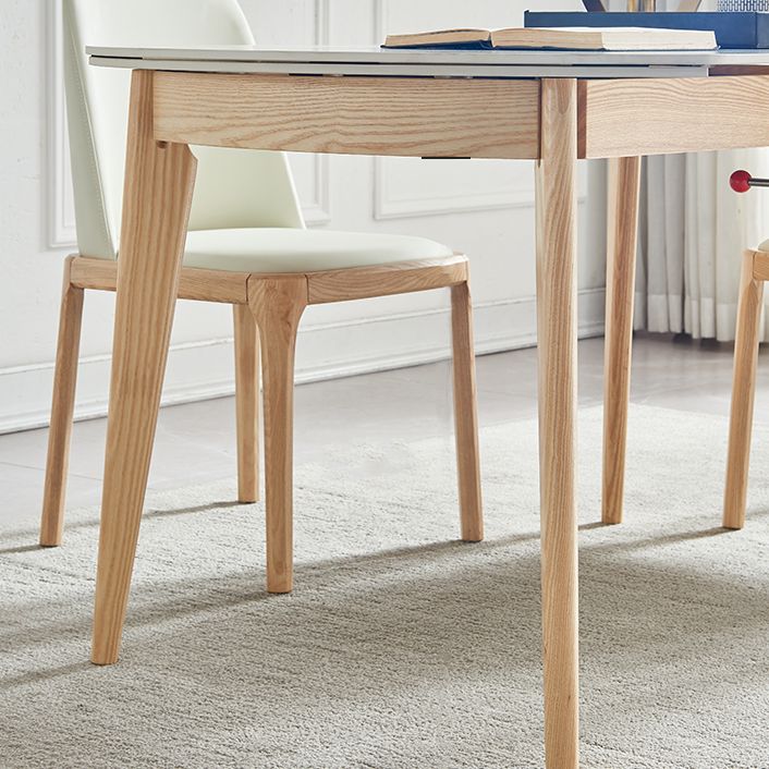 Round Contemporary Dining Room Table White Sintered Stone Table with 4 Ash Solid Wood Legs