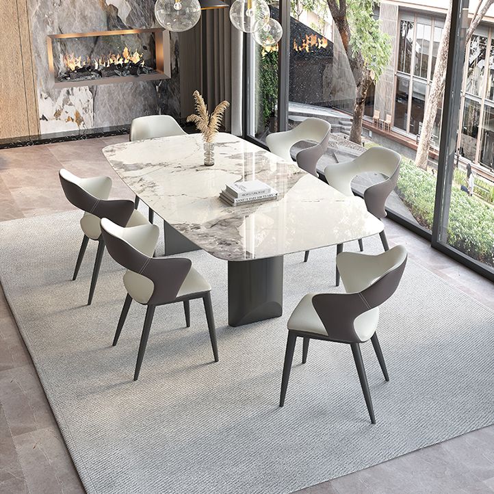 Mesa de comedor contemporánea rectángulo mesa de piedra sinterizada blanca con base de metal negro