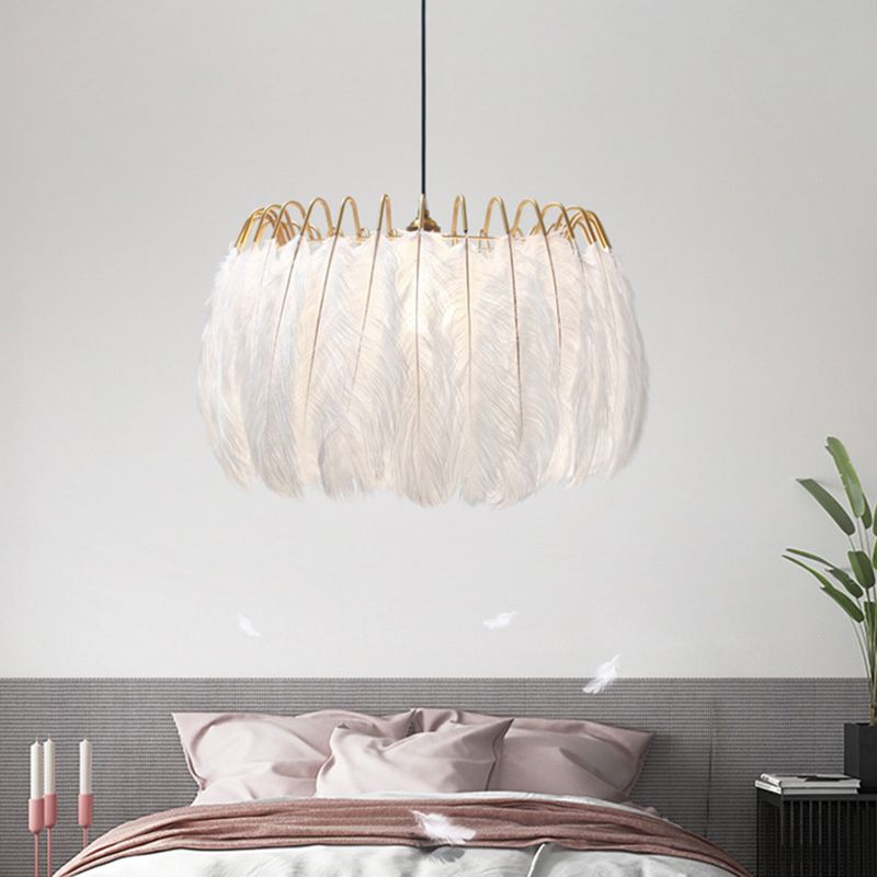 Ostrich Feather Ceiling Chandelier Modern Creative White Hanging Ceiling Light for Girl Bedroom