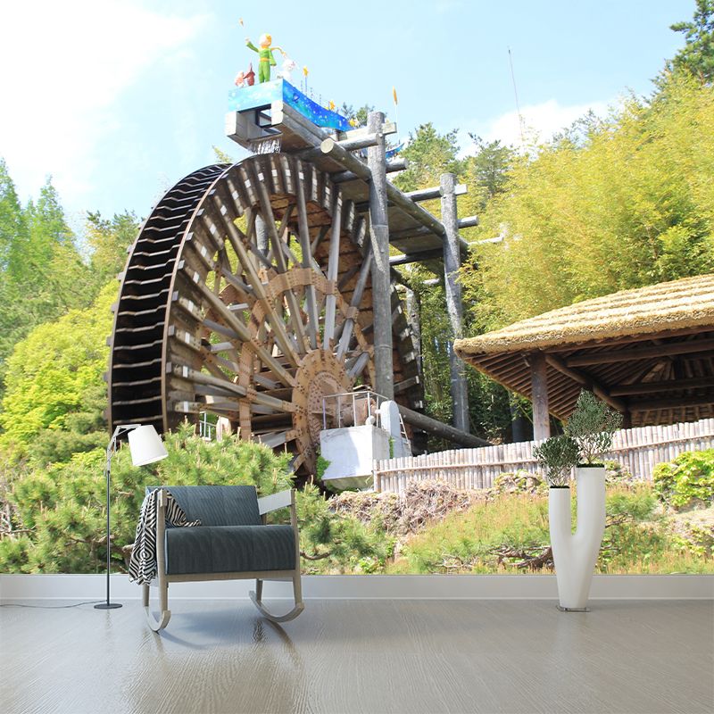 Photography Country Mural Wallpaper with Water Mill  Painting for Decoration