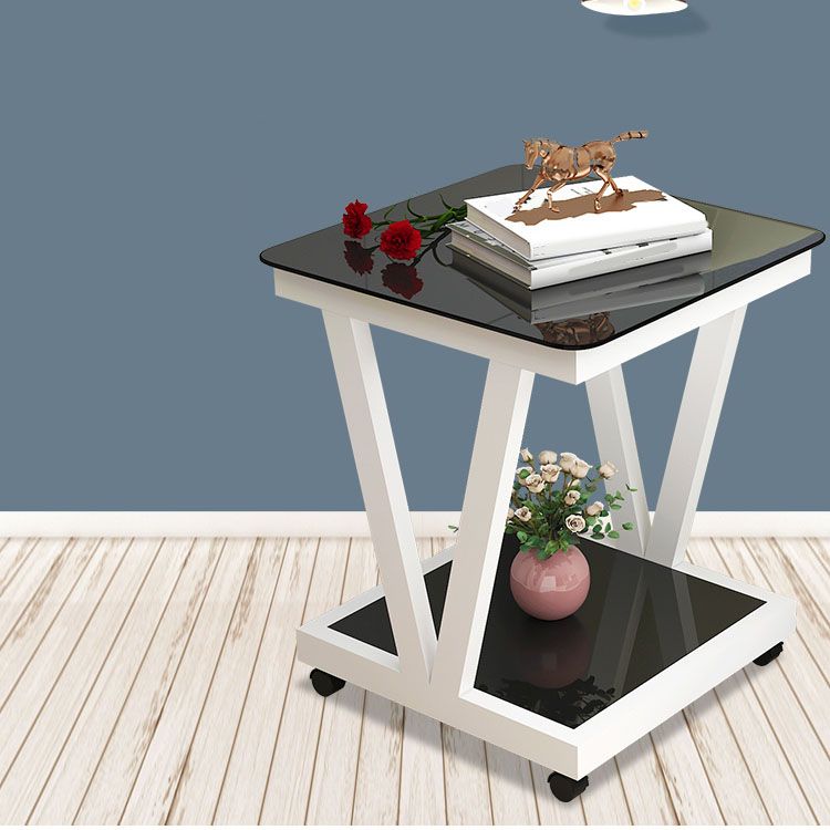 Square Glass Top Side Table 23.6" Tall Steel Trestle Base End Table with Shelf