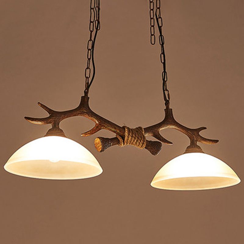 2 - Light Kitchen Island Light Wood & Dome Glass Shade Ceiling Pendant with Antlers Accent
