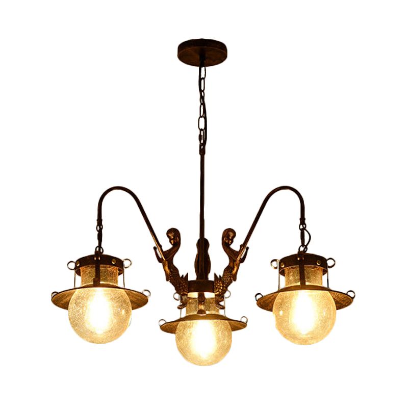 7/8 Bulbs Clear Glass Chandelier Light Country Rust Spherical Restaurant Pendant Lamp with Metal Mermaid Arm
