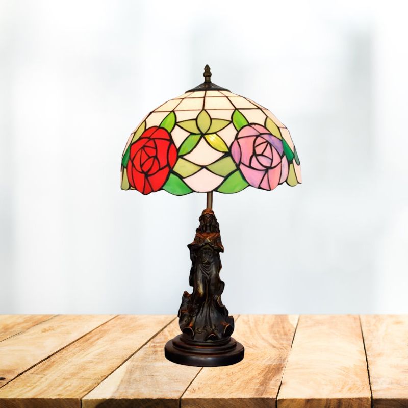 Lampada da comodino Beauty in bronzo Tiffany Lampada da tavolo in resina a 1 lampadina con paralume in vetro floreale rosa/viola