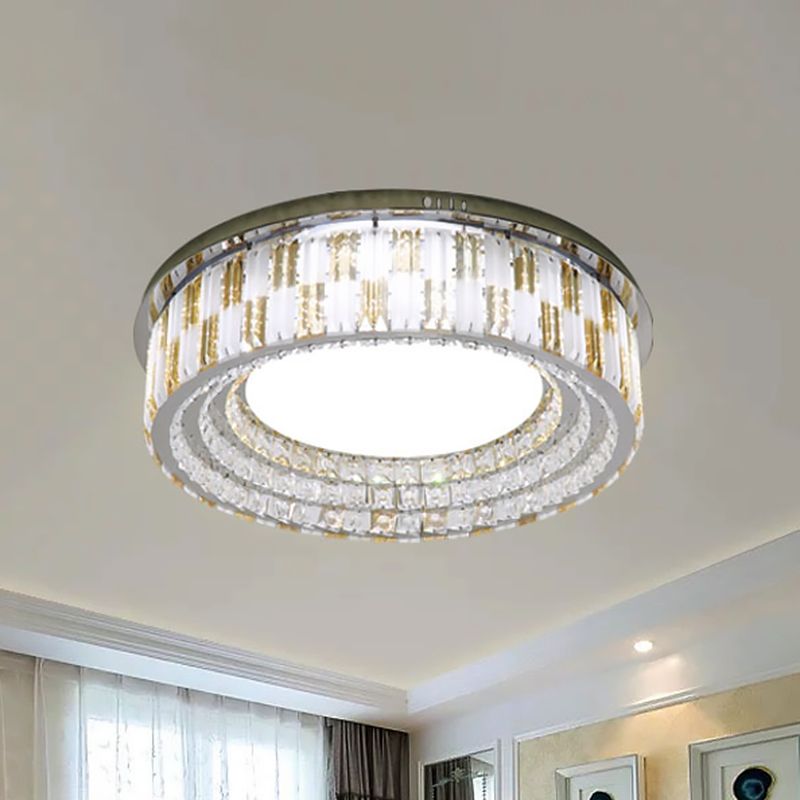 Modern Round Flush Light Fixture Crystal Blocks LED Ceiling Mount in Stainless-Steel, 23.5"/31.5" Width