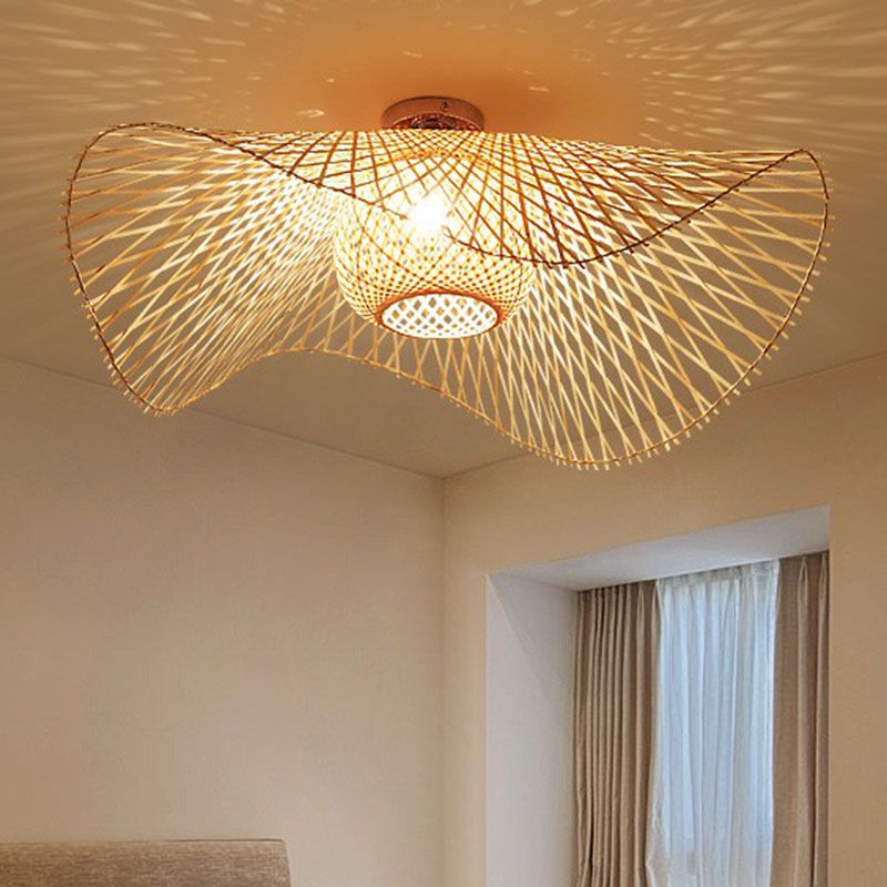 Straw Hat Flush Mount South-east Asia Bamboo Single Wood Flushmount Ceiling Light for Restaurant
