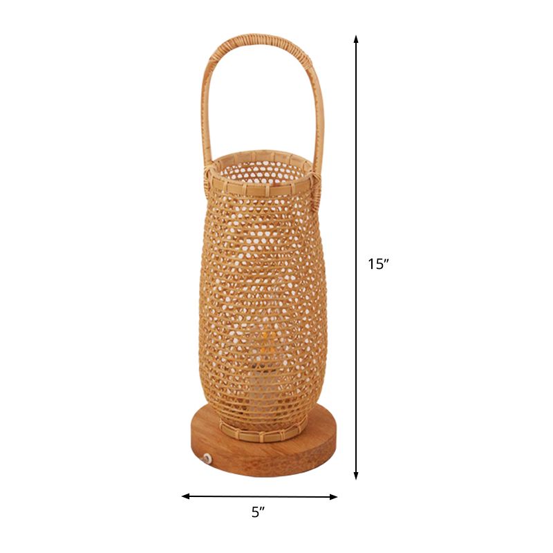 Beige Basket Desk Lamp Japanese 1 Head Bamboo Task Lighting with Circle Wood Base