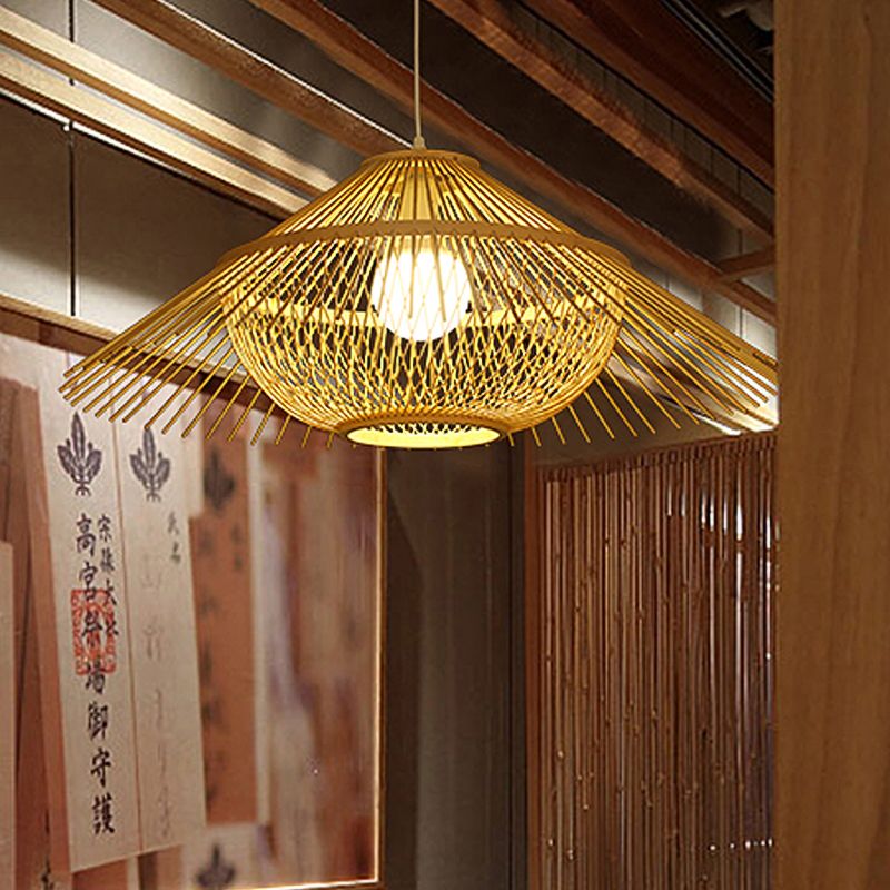 Lámpara de techo de 1 cabeza de techo Asia accesorio de iluminación colgante amarillo con sombra cónica de bambú