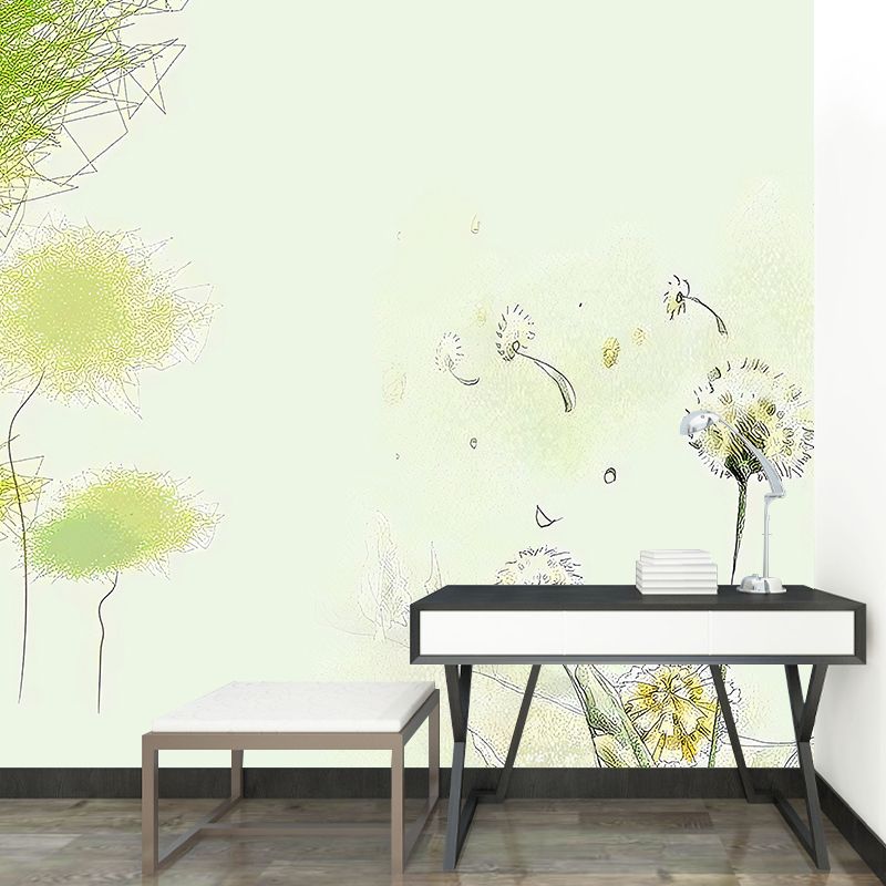 Tree and Dandelion Plant Mural Decal Nordic Style Smooth Wall Art in Green for Living Room