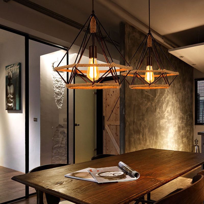 Diamond Cage Rope Ceiling Pendant Light Vintage Style Restaurant Pendant Ceiling Light in Beige
