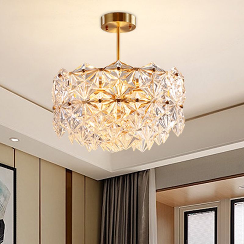 Gold Circular Hanging Lamp Kit Postmodern 8/9 Heads Hexagon Crystal Hanging Ceiling Light