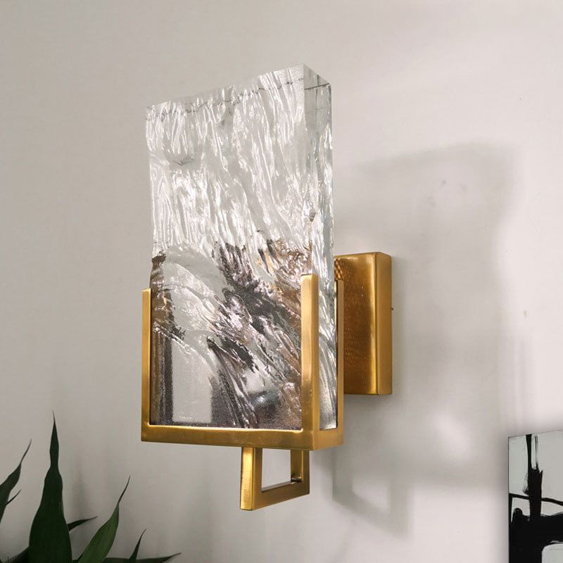 Vintage Rectangle Wall Lamp Single Light Clear Crystal Glass LED Wall Sconce Lighting in Gold