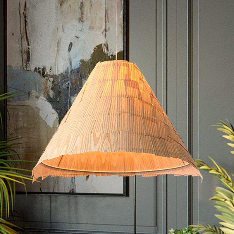Wide Flare Pendant Lighting Japanese Wood 1 Head Ceiling Suspension Lamp in Beige