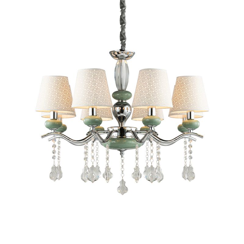 Lámina colgante de cono nórdico tela 8 luces lámpara de lámpara de lámpara con gota de cristal transparente en verde para dormitorio