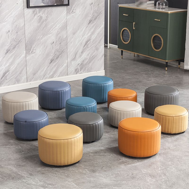 Contemporary Pouf Ottoman Genuine Leather Upholstered Solid Color Cylinder Shape Ottoman
