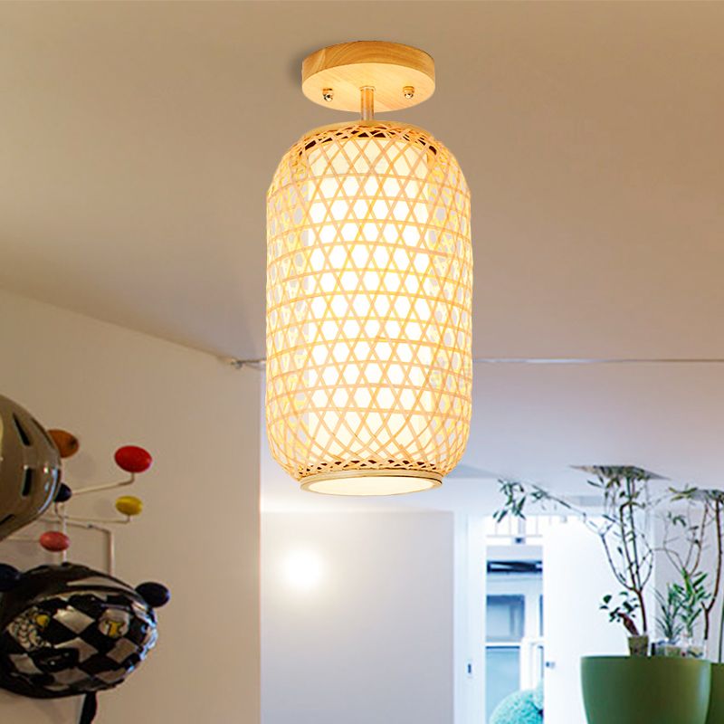 1 Glühbirnenzylinder/Korb/Tasse/Kuppel Semi Flush Light Moderne Bambusendecke montiert im Holz für Wohnzimmer