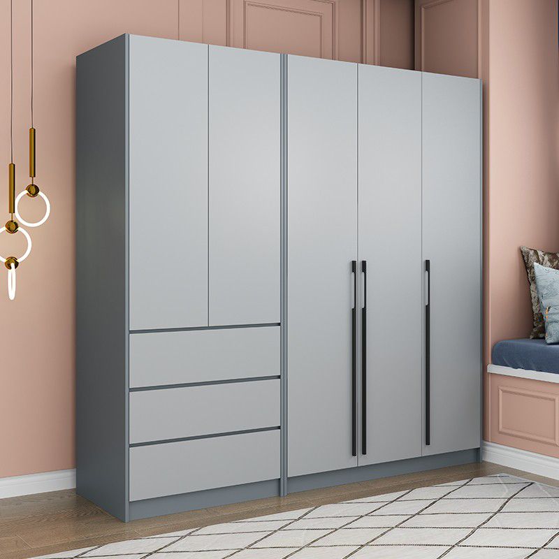 Grey Wooden Wardrobe Armoire Hinged Storage Cabinet with Soft Close Drawer