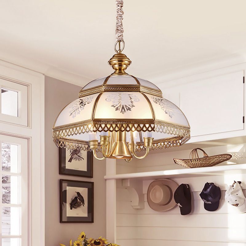 Gold 7 Heads Chandelier Lighting Colonialism Mouth Blown Opaline Glass Dome Pendant Ceiling Light for Dining Room