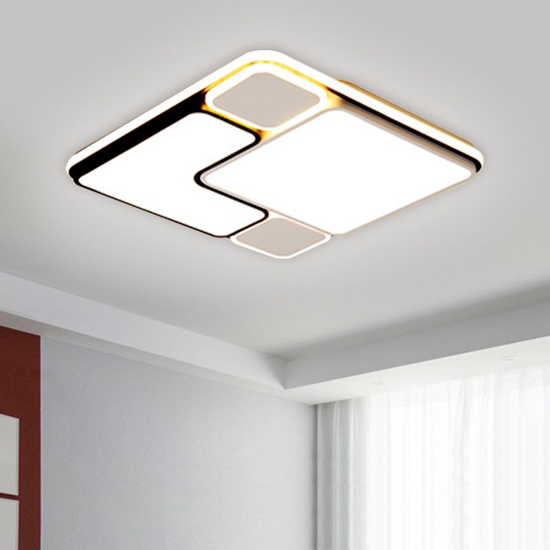Modern 18"/21.5" Wide LED Flush Lamp White Splicing Square Ceiling Mount Fixture with Metallic Shade, Warm/White Light