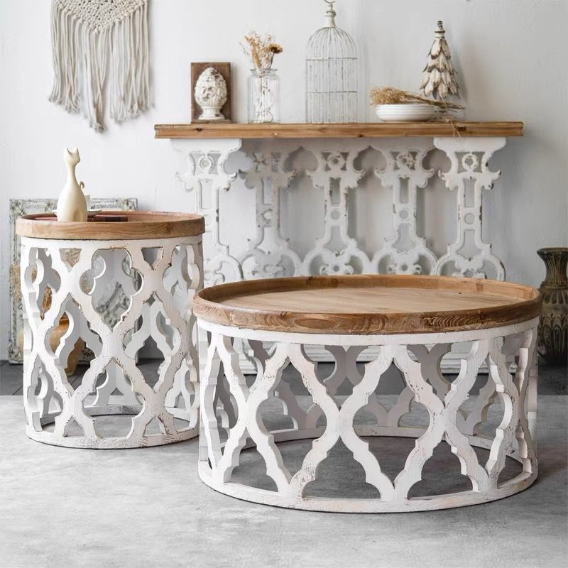 Rustic Solid Wood/Metal Round Distressed Living Room Accent Side Table