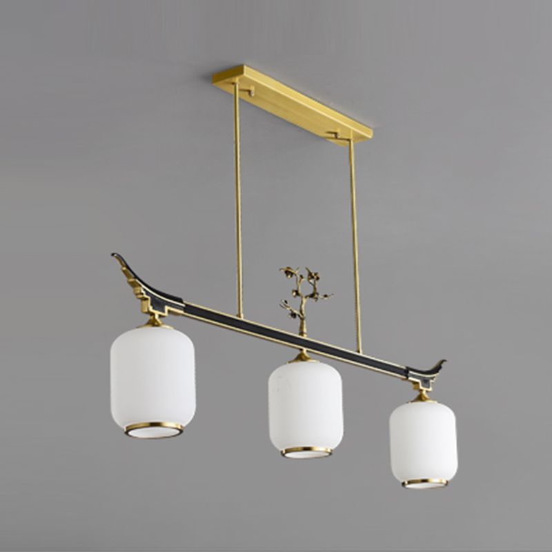 Modern Style Cylindrical Shape Island Lights White Glass 3-light Pendant Lights in Gold