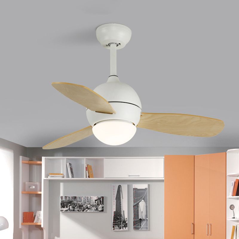 Dome Kids Bedroom Pendant Fan Lamp Metal 36" W LED Modern Semi Flush Ceiling Light in White/Yellow/Blue with Wall/Remote Control, 3 Wood Blades